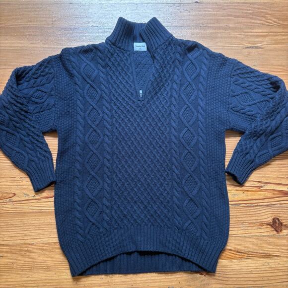 Sunday Best dark blue merino wool quarter zip henley cable knit sweater SIZE XXS - Picture 1 of 6